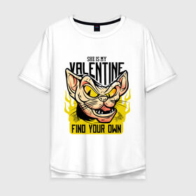 Мужская футболка хлопок Oversize с принтом She Is My Valentine в Курске, 100% хлопок | свободный крой, круглый ворот, “спинка” длиннее передней части | art | cat | fire | love | valentine | valentines day | арт | валентинка | день влюбленных | день святого валентина | кот | любовь | огонь