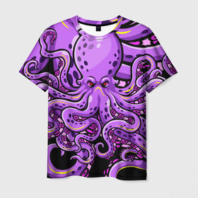 Мужская футболка 3D с принтом Кровожадный осьминог в Курске, 100% полиэфир | прямой крой, круглый вырез горловины, длина до линии бедер | Тематика изображения на принте: art | octopus | арт | глаза | голова | животные | красные | монстр | осьминог | щупальца