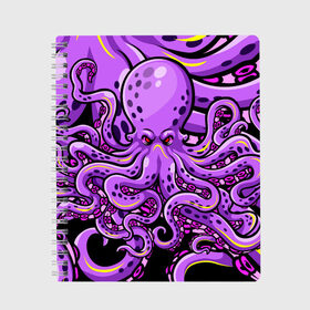 Тетрадь с принтом Кровожадный осьминог в Курске, 100% бумага | 48 листов, плотность листов — 60 г/м2, плотность картонной обложки — 250 г/м2. Листы скреплены сбоку удобной пружинной спиралью. Уголки страниц и обложки скругленные. Цвет линий — светло-серый
 | Тематика изображения на принте: art | octopus | арт | глаза | голова | животные | красные | монстр | осьминог | щупальца