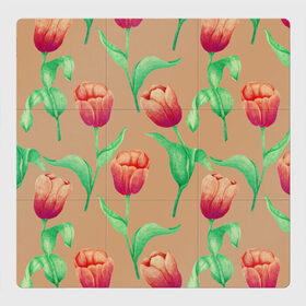 Магнитный плакат 3Х3 с принтом Тюльпаны на бежевом фоне в Курске, Полимерный материал с магнитным слоем | 9 деталей размером 9*9 см | 8 марта | flowers | march 8 | spring | ботаническая иллюстрация | весна | день рождения | зеленый | красный | лето | любовь | оранжевый | праздник | принт | природа | растения | тюльпаны | цветы
