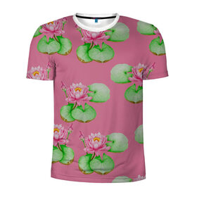 Мужская футболка 3D спортивная с принтом Лотосы на розовом фоне в Курске, 100% полиэстер с улучшенными характеристиками | приталенный силуэт, круглая горловина, широкие плечи, сужается к линии бедра | 8 марта | flowers | march 8 | spring | ботаническая иллюстрация | весна | водяные лилии | день рождения | зеленый | лето | лотосы | любовь | праздник | принт | природа | растения | розовый | цветы
