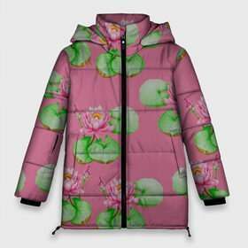 Женская зимняя куртка Oversize с принтом Лотосы на розовом фоне в Курске, верх — 100% полиэстер; подкладка — 100% полиэстер; утеплитель — 100% полиэстер | длина ниже бедра, силуэт Оверсайз. Есть воротник-стойка, отстегивающийся капюшон и ветрозащитная планка. 

Боковые карманы с листочкой на кнопках и внутренний карман на молнии | 8 марта | flowers | march 8 | spring | ботаническая иллюстрация | весна | водяные лилии | день рождения | зеленый | лето | лотосы | любовь | праздник | принт | природа | растения | розовый | цветы