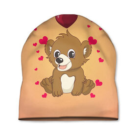 Шапка 3D с принтом Медвежонок в Курске, 100% полиэстер | универсальный размер, печать по всей поверхности изделия | bear | day | heart | love | romantic | valentine | valentines | амур | валентина | влюбленные | влюбленных | всех | день | купидон | любовь | медведь | медвежонок | романтика | романтичность | святого | сердечки | сердечко