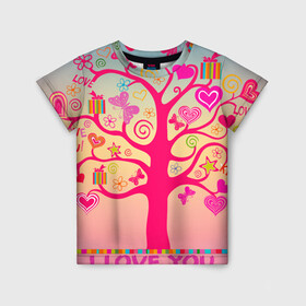 Детская футболка 3D с принтом Дерево любви признание в Курске, 100% гипоаллергенный полиэфир | прямой крой, круглый вырез горловины, длина до линии бедер, чуть спущенное плечо, ткань немного тянется | бабочки | дерево | деревце | любовь | признание | розовый | романтика | сердечки | цветочки