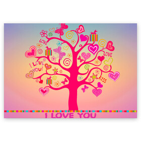 Поздравительная открытка с принтом Дерево любви признание в Курске, 100% бумага | плотность бумаги 280 г/м2, матовая, на обратной стороне линовка и место для марки
 | бабочки | дерево | деревце | любовь | признание | розовый | романтика | сердечки | цветочки
