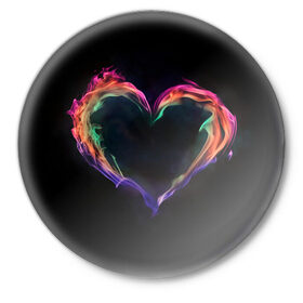 Значок с принтом пламенное сердце на черном в Курске,  металл | круглая форма, металлическая застежка в виде булавки | любовь | огонь | пламя | пылает | радужный огонь | сердечко | сердце | темный фон | чувства
