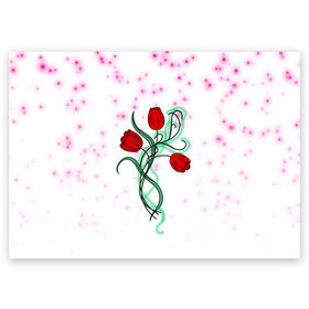 Поздравительная открытка с принтом Весенний вальс в Курске, 100% бумага | плотность бумаги 280 г/м2, матовая, на обратной стороне линовка и место для марки
 | 8 марта | love | tulips | алые | бабушка | букет | бутоны | весна | девушке | дочь | жена | женщинам | красные цветы | лепестки | лето | листья | лучшая | любимая | любовь | мама | подарок | природа