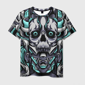 Мужская футболка 3D с принтом Cyber Demon в Курске, 100% полиэфир | прямой крой, круглый вырез горловины, длина до линии бедер | abstraction | demon | head | monster | skull | абстракция | арт | голова | демон | зубы | монстр | орнамент | рисунок | череп