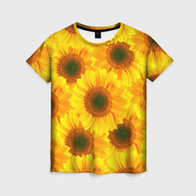 Женская футболка 3D с принтом Принт подсолнухи желтый в Курске, 100% полиэфир ( синтетическое хлопкоподобное полотно) | прямой крой, круглый вырез горловины, длина до линии бедер | желтый | лето | подсолнухи | солнце | цветение | цветы
