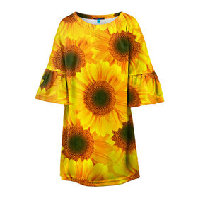 Детское платье 3D с принтом Принт подсолнухи желтый в Курске, 100% полиэстер | прямой силуэт, чуть расширенный к низу. Круглая горловина, на рукавах — воланы | желтый | лето | подсолнухи | солнце | цветение | цветы