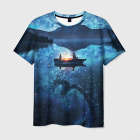 Мужская футболка 3D с принтом пара на лодке на озере ночью в Курске, 100% полиэфир | прямой крой, круглый вырез горловины, длина до линии бедер | аниме | вдвоем | вместе | горы | двое | звезды | лодка | небо | ночь | озеро | пара | прогулка | река | рисунок | романтика | свидание