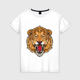 Женская футболка хлопок с принтом Голова льва в Курске, 100% хлопок | прямой крой, круглый вырез горловины, длина до линии бедер, слегка спущенное плечо | head | lion | predator | голова | лев | хищник