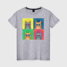 Женская футболка хлопок с принтом Pop Art Коты в Курске, 100% хлопок | прямой крой, круглый вырез горловины, длина до линии бедер, слегка спущенное плечо | cat | cats | pop art cat | pop cat | кот | коты | кошка | поп арт кот