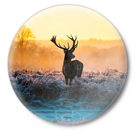 Значок с принтом олень рассвет зима в Курске,  металл | круглая форма, металлическая застежка в виде булавки | закат | зверь | зима | иней | лес | лось | олень | природа | рассвет | рога