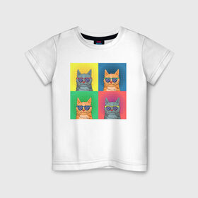 Детская футболка хлопок с принтом Pop Cat в Курске, 100% хлопок | круглый вырез горловины, полуприлегающий силуэт, длина до линии бедер | Тематика изображения на принте: art | cat | colorful | mem | meme | memes | music | pop | rainbow | retro | style | арт | буп | кот | котенок | котик | котэ | краски | красочный | мем | мемы | музыка | ретро
