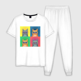 Мужская пижама хлопок с принтом Pop Cat в Курске, 100% хлопок | брюки и футболка прямого кроя, без карманов, на брюках мягкая резинка на поясе и по низу штанин
 | Тематика изображения на принте: art | cat | colorful | mem | meme | memes | music | pop | rainbow | retro | style | арт | буп | кот | котенок | котик | котэ | краски | красочный | мем | мемы | музыка | ретро
