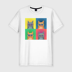 Мужская футболка хлопок Slim с принтом Pop Cat в Курске, 92% хлопок, 8% лайкра | приталенный силуэт, круглый вырез ворота, длина до линии бедра, короткий рукав | Тематика изображения на принте: art | cat | colorful | mem | meme | memes | music | pop | rainbow | retro | style | арт | буп | кот | котенок | котик | котэ | краски | красочный | мем | мемы | музыка | ретро