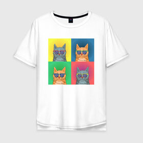 Мужская футболка хлопок Oversize с принтом Pop Cat в Курске, 100% хлопок | свободный крой, круглый ворот, “спинка” длиннее передней части | art | cat | colorful | mem | meme | memes | music | pop | rainbow | retro | style | арт | буп | кот | котенок | котик | котэ | краски | красочный | мем | мемы | музыка | ретро