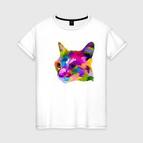 Женская футболка хлопок с принтом Pop Cat в Курске, 100% хлопок | прямой крой, круглый вырез горловины, длина до линии бедер, слегка спущенное плечо | art | cat | colorful | mem | meme | memes | music | pop | rainbow | retro | style | арт | буп | кот | котенок | котик | котэ | краски | красочный | мем | мемы | музыка | ретро