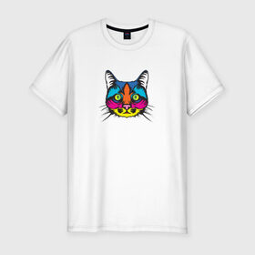 Мужская футболка хлопок Slim с принтом Pop art Cat в Курске, 92% хлопок, 8% лайкра | приталенный силуэт, круглый вырез ворота, длина до линии бедра, короткий рукав | art | cat | colors | paints | pop | riot | арт | буйство | буп | кот | кошка | краски | поп
