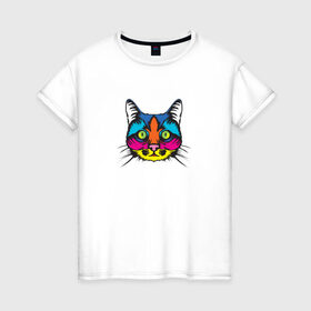 Женская футболка хлопок с принтом Pop art Cat в Курске, 100% хлопок | прямой крой, круглый вырез горловины, длина до линии бедер, слегка спущенное плечо | art | cat | colors | paints | pop | riot | арт | буйство | буп | кот | кошка | краски | поп