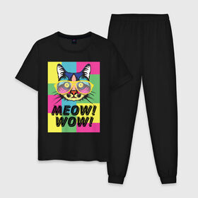 Мужская пижама хлопок с принтом Pop Cat | Meow Wow! в Курске, 100% хлопок | брюки и футболка прямого кроя, без карманов, на брюках мягкая резинка на поясе и по низу штанин
 | Тематика изображения на принте: cat | kitty | meow | popcat | wow | кот | кошка | мяв | мяу | поп кет | поп кошка
