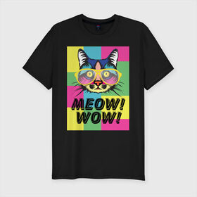 Мужская футболка хлопок Slim с принтом Pop Cat | Meow Wow! в Курске, 92% хлопок, 8% лайкра | приталенный силуэт, круглый вырез ворота, длина до линии бедра, короткий рукав | Тематика изображения на принте: cat | kitty | meow | popcat | wow | кот | кошка | мяв | мяу | поп кет | поп кошка