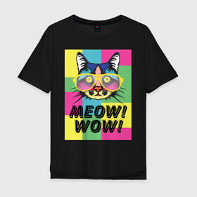 Мужская футболка хлопок Oversize с принтом Pop Cat | Meow Wow! в Курске, 100% хлопок | свободный крой, круглый ворот, “спинка” длиннее передней части | Тематика изображения на принте: cat | kitty | meow | popcat | wow | кот | кошка | мяв | мяу | поп кет | поп кошка