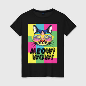 Женская футболка хлопок с принтом Pop Cat | Meow Wow! в Курске, 100% хлопок | прямой крой, круглый вырез горловины, длина до линии бедер, слегка спущенное плечо | Тематика изображения на принте: cat | kitty | meow | popcat | wow | кот | кошка | мяв | мяу | поп кет | поп кошка