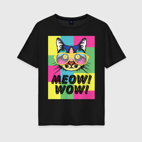Женская футболка хлопок Oversize с принтом Pop Cat | Meow Wow! в Курске, 100% хлопок | свободный крой, круглый ворот, спущенный рукав, длина до линии бедер
 | Тематика изображения на принте: cat | kitty | meow | popcat | wow | кот | кошка | мяв | мяу | поп кет | поп кошка
