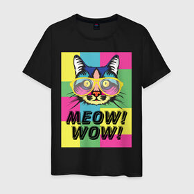 Мужская футболка хлопок с принтом Pop Cat | Meow Wow! в Курске, 100% хлопок | прямой крой, круглый вырез горловины, длина до линии бедер, слегка спущенное плечо. | Тематика изображения на принте: cat | kitty | meow | popcat | wow | кот | кошка | мяв | мяу | поп кет | поп кошка