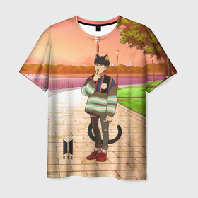 Мужская футболка 3D с принтом BTS Cat в Курске, 100% полиэфир | прямой крой, круглый вырез горловины, длина до линии бедер | bts | k pop | kpop | rm | аниме | бтс | ви | джей хоуп | джонгук | кпоп | сюга | чимин | чин | япония