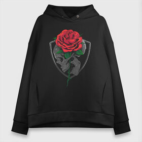 Женское худи Oversize хлопок с принтом Skull&Rose в Курске, френч-терри — 70% хлопок, 30% полиэстер. Мягкий теплый начес внутри —100% хлопок | боковые карманы, эластичные манжеты и нижняя кромка, капюшон на магнитной кнопке | герб | знак | роза | символ | скелет | цветок | череп