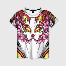 Женская футболка 3D с принтом Японский демон в Курске, 100% полиэфир ( синтетическое хлопкоподобное полотно) | прямой крой, круглый вырез горловины, длина до линии бедер | demon | fox | japanese | mask | арт | голова | демон | маска | монстр | рисунок | цветы | японский