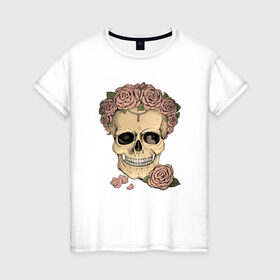 Женская футболка хлопок с принтом Skull Roses в Курске, 100% хлопок | прямой крой, круглый вырез горловины, длина до линии бедер, слегка спущенное плечо | art | body | bones | dead | drawing | face | graffiti | head | roses | skeleton | skul | skull | ад | арт | голова | граффити | зло | кости | лицо | металл | нарисованный | розы | рок | скелет | скул | скулл | три черепа | тьма