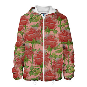 Мужская куртка 3D с принтом Розы на розовом фоне в Курске, ткань верха — 100% полиэстер, подклад — флис | прямой крой, подол и капюшон оформлены резинкой с фиксаторами, два кармана без застежек по бокам, один большой потайной карман на груди. Карман на груди застегивается на липучку | 8 марта | flowers | march 8 | spring | ботаническая иллюстрация | весна | день рождения | зеленый | красный | лето | любовь | праздник | принт | природа | растения | розовый | розы | цветы