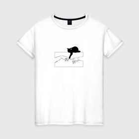 Женская футболка хлопок с принтом Сотворение Адама и котик в Курске, 100% хлопок | прямой крой, круглый вырез горловины, длина до линии бедер, слегка спущенное плечо | животные | искусство | картинка | кот | котик | кошка | прикол | сотворение адама