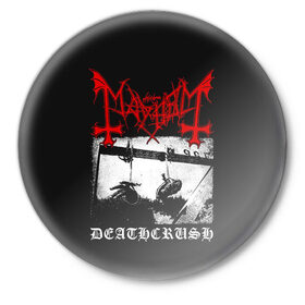 Значок с принтом Mayhem в Курске,  металл | круглая форма, металлическая застежка в виде булавки | black | mayhem | metal | music | rock | skull | блэк | гитара | группа | метал | музыка | рок | череп | электрогитара