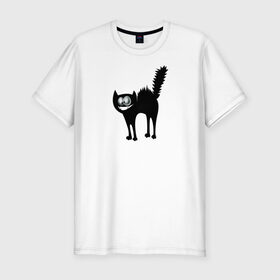 Мужская футболка хлопок Slim с принтом Забавный Кот в Курске, 92% хлопок, 8% лайкра | приталенный силуэт, круглый вырез ворота, длина до линии бедра, короткий рукав | animals | beast | eyes | глаза | животные | забавный | звери | зубы | кот | котенок | кошка | прикол | пушистый | смешной | черный