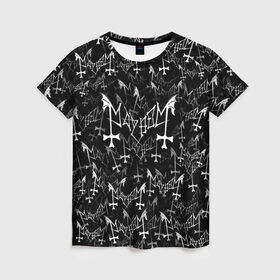 Женская футболка 3D с принтом Mayhem в Курске, 100% полиэфир ( синтетическое хлопкоподобное полотно) | прямой крой, круглый вырез горловины, длина до линии бедер | black | death | metal | rock | блэк | майхем | мейхем | метал | паттерн