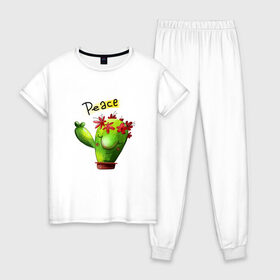 Женская пижама хлопок с принтом кактус в Курске, 100% хлопок | брюки и футболка прямого кроя, без карманов, на брюках мягкая резинка на поясе и по низу штанин | what | горшок | кактусик | цветы | чего | чее