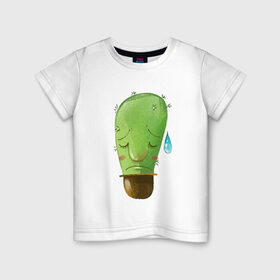 Детская футболка хлопок с принтом Кактус в Курске, 100% хлопок | круглый вырез горловины, полуприлегающий силуэт, длина до линии бедер | what | горшок | грусть | кактусик | слеза | цветы | чего | чее
