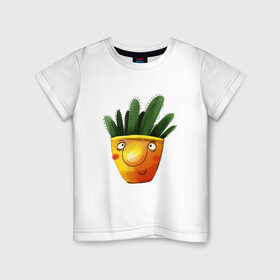 Детская футболка хлопок с принтом Кактус в Курске, 100% хлопок | круглый вырез горловины, полуприлегающий силуэт, длина до линии бедер | what | горшок | кактусик | цветы | чего | чее