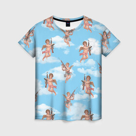 Женская футболка 3D с принтом Амурчики стреляют  в Курске, 100% полиэфир ( синтетическое хлопкоподобное полотно) | прямой крой, круглый вырез горловины, длина до линии бедер | ак 47 | амур | ангел | любовь | небо | облака | ренессанс