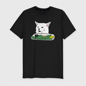 Мужская футболка хлопок Slim с принтом Смадж и овощи в Курске, 92% хлопок, 8% лайкра | приталенный силуэт, круглый вырез ворота, длина до линии бедра, короткий рукав | animals | cat | cat meme | kitty | memes | smudge | белый кот | голова кота | еда | животные | звери | злой кот | интернет мемы | интернет приколы | кот за столом | кот мем | котенок | кошак | мемы | овощи | питомец | смадж