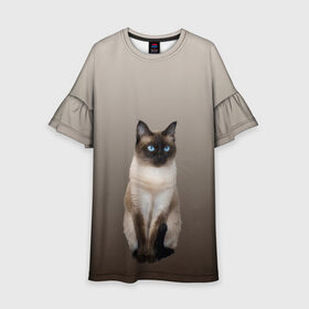 Детское платье 3D с принтом Сиамский кот голубые глаза в Курске, 100% полиэстер | прямой силуэт, чуть расширенный к низу. Круглая горловина, на рукавах — воланы | арт | бежевый | градиент | киса | коричневый | кот | котейка | котенок | котик | котэ | кошка | реализм | сиамец | сиамский