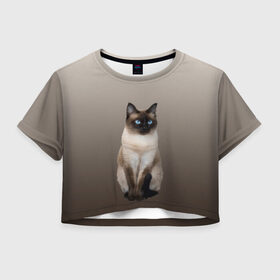 Женская футболка Crop-top 3D с принтом Сиамский кот голубые глаза в Курске, 100% полиэстер | круглая горловина, длина футболки до линии талии, рукава с отворотами | арт | бежевый | градиент | киса | коричневый | кот | котейка | котенок | котик | котэ | кошка | реализм | сиамец | сиамский