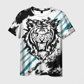Мужская футболка 3D с принтом Голубоглазый тигр в Курске, 100% полиэфир | прямой крой, круглый вырез горловины, длина до линии бедер | абстракция | агрессивный | злой | зубы | клякса | пасть | полоски | полосы | суровый | тигр | чернота