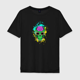 Мужская футболка хлопок Oversize с принтом Psychedelic skull в Курске, 100% хлопок | свободный крой, круглый ворот, “спинка” длиннее передней части | skull | брызги | мозг | монстр | психоделика | скелет | череп | чудовище