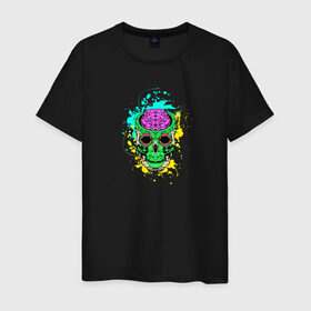 Мужская футболка хлопок с принтом Psychedelic skull в Курске, 100% хлопок | прямой крой, круглый вырез горловины, длина до линии бедер, слегка спущенное плечо. | skull | брызги | мозг | монстр | психоделика | скелет | череп | чудовище